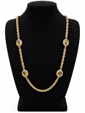 Gold Tone Rope Chain Necklace Faceted Crystal Stations Vintage Style Long